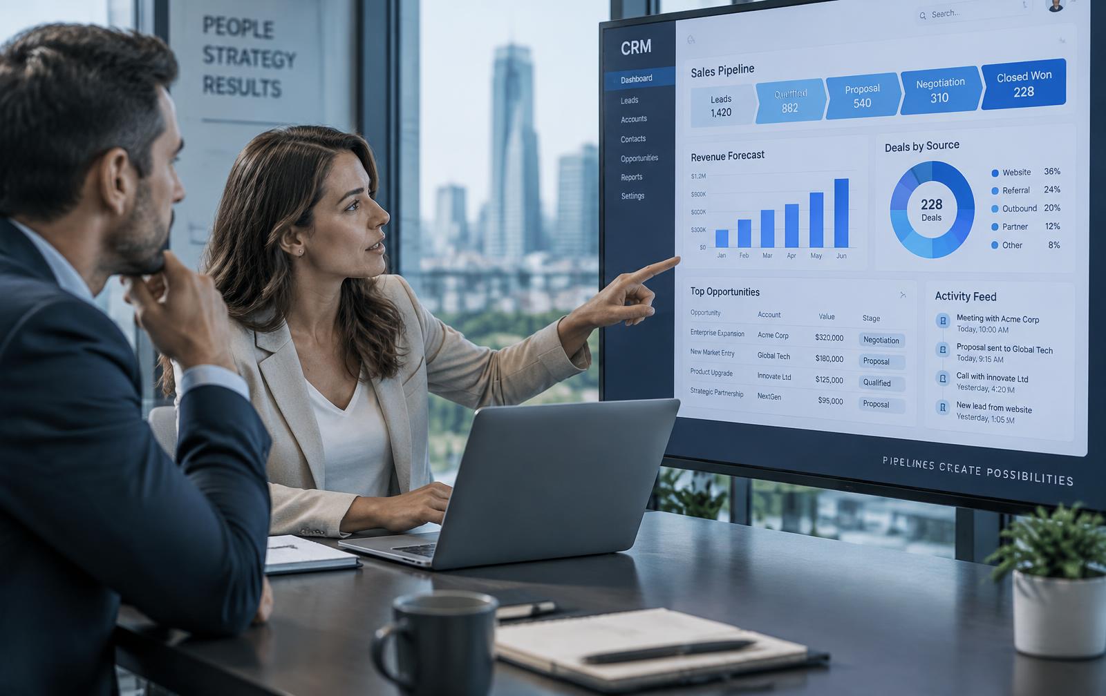 Consultants reviewing a CRM sales pipeline dashboard together in a modern office